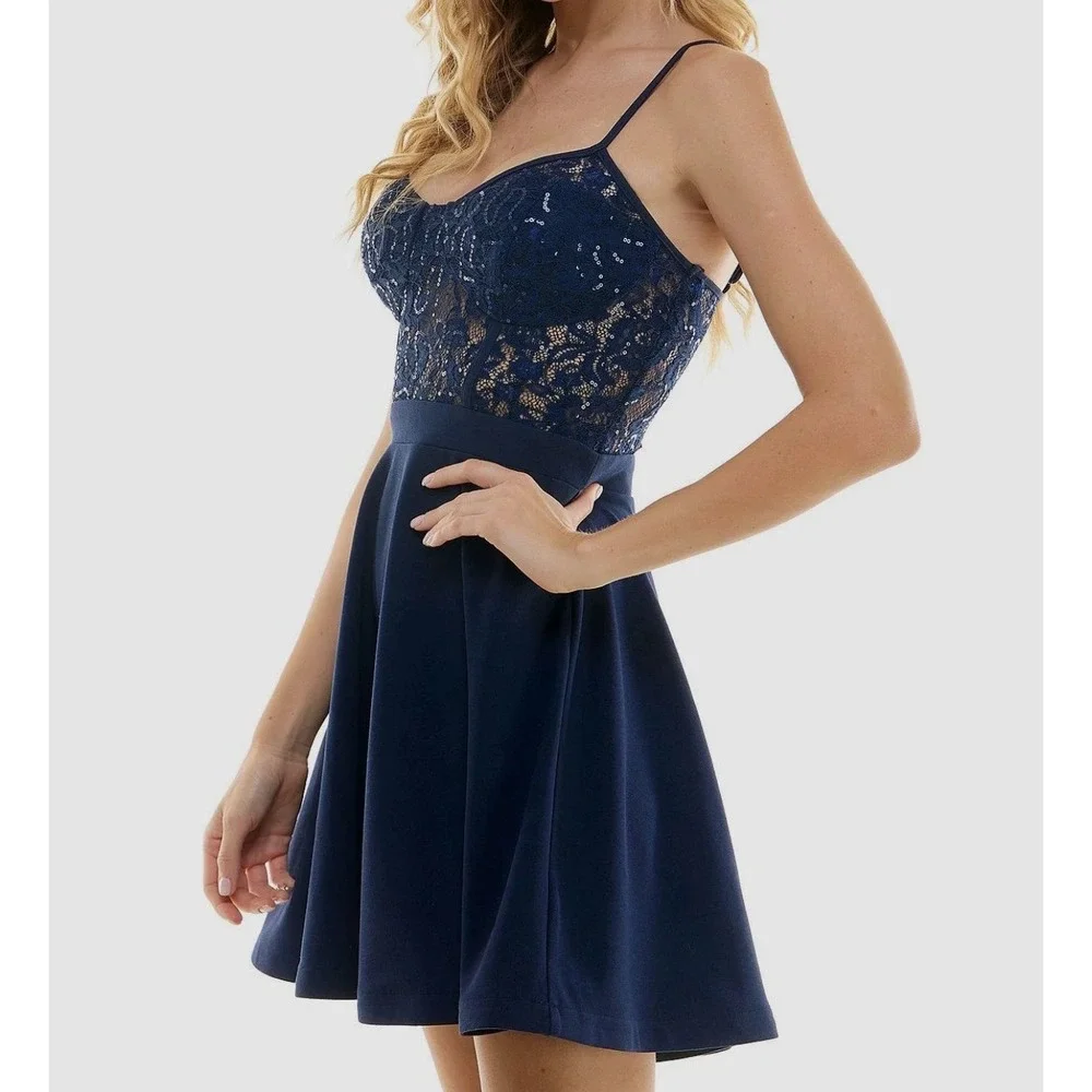 City Studio Lace Sequin Skater Dress Juniors 7/8‎ Blue Prom Homecoming Coquette